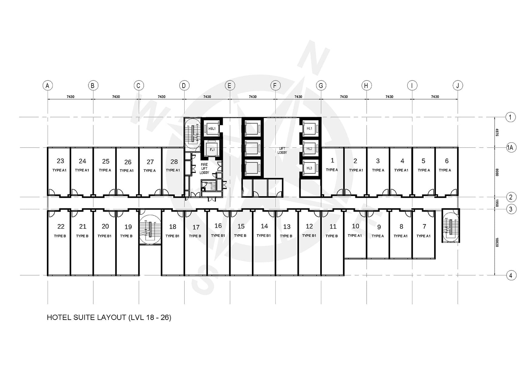 Richmond Mayor Hotel Suite Floor Plate · LVL 18–26 (Type A / A1 / B / B1) — 